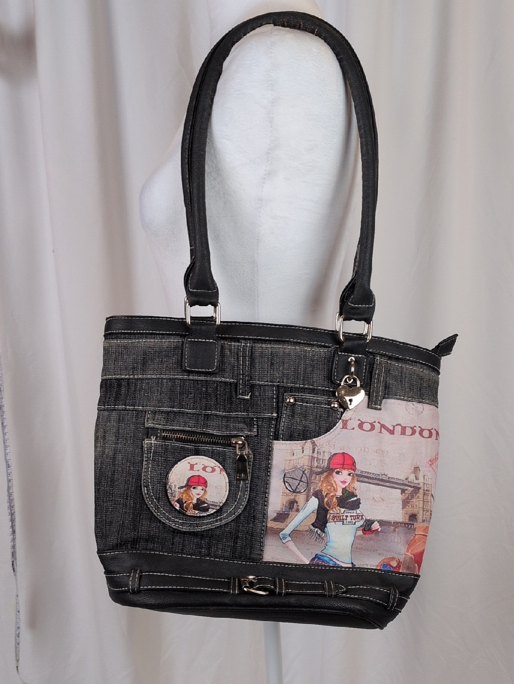 Y2K Black Graphic Denim Tote Bag London Aesthetic Shoulder Handbag